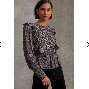 BL^NK LONDON LEOPARD PRINT MOIRA RUFFLED PEPLUM TOP SZ XL